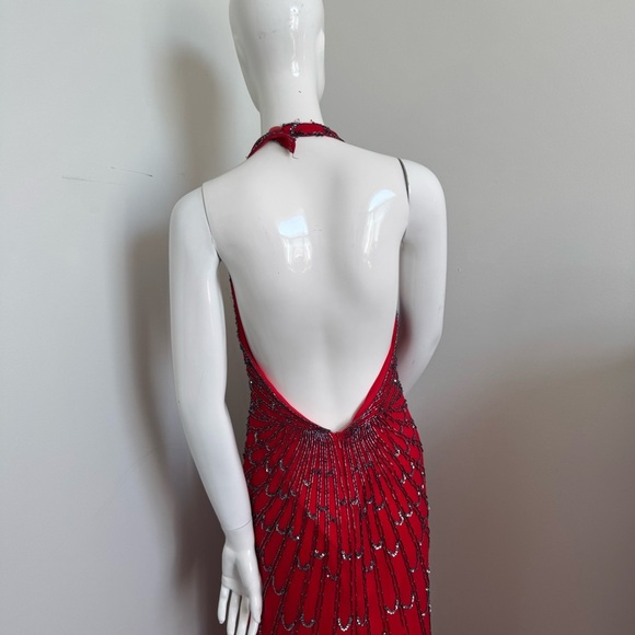 Vintage Red Beaded Gown Art Deco Revival Halter Dress | Old Hollywood Glamour 4 - Picture 8 of 12